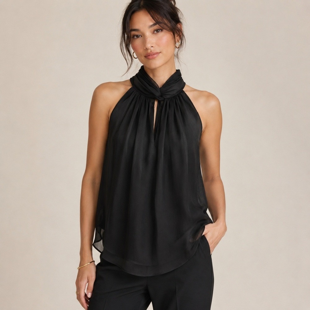 NWT Banana Republic Womens XS Black Halter Twist Neck Keyhole Blouse 850447-03-1